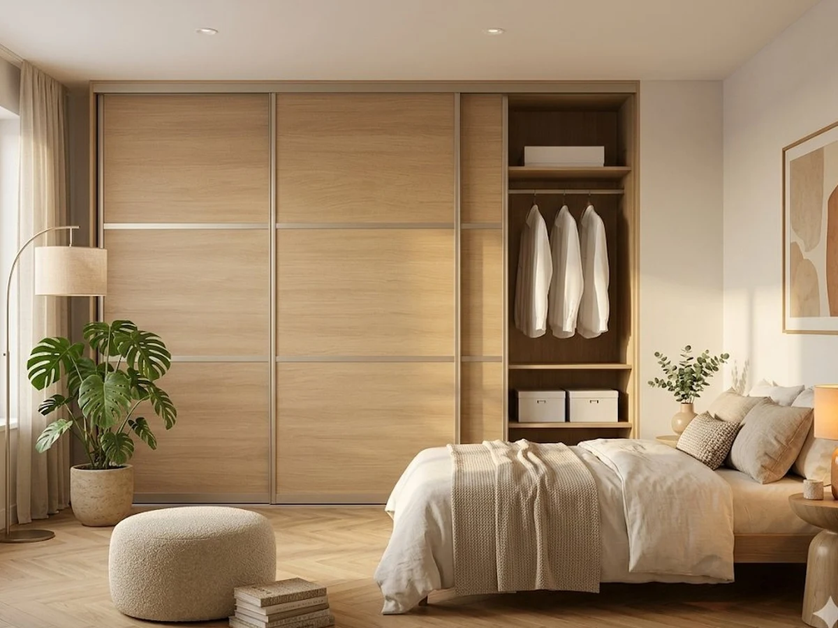 Quarto sereno com mobiliário minimalista em tons suaves